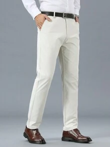 Men's Solid Color Pocket Straight-Leg Casual Business Suit Pants - Apricot - View 3