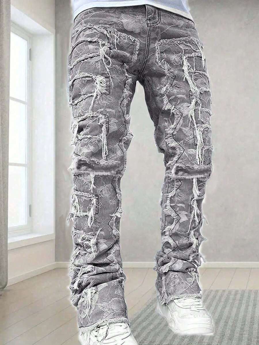 Tween Boy's Pocket Patchwork Frayed Hem Casual Jeans - Light Grey - View 1