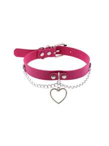1 Pc Punk Style Pu Leather Choker Necklace With Metal Heart Studs And Chain For Women Hip Hop Street Cos Accessories - Multicolor - View 2