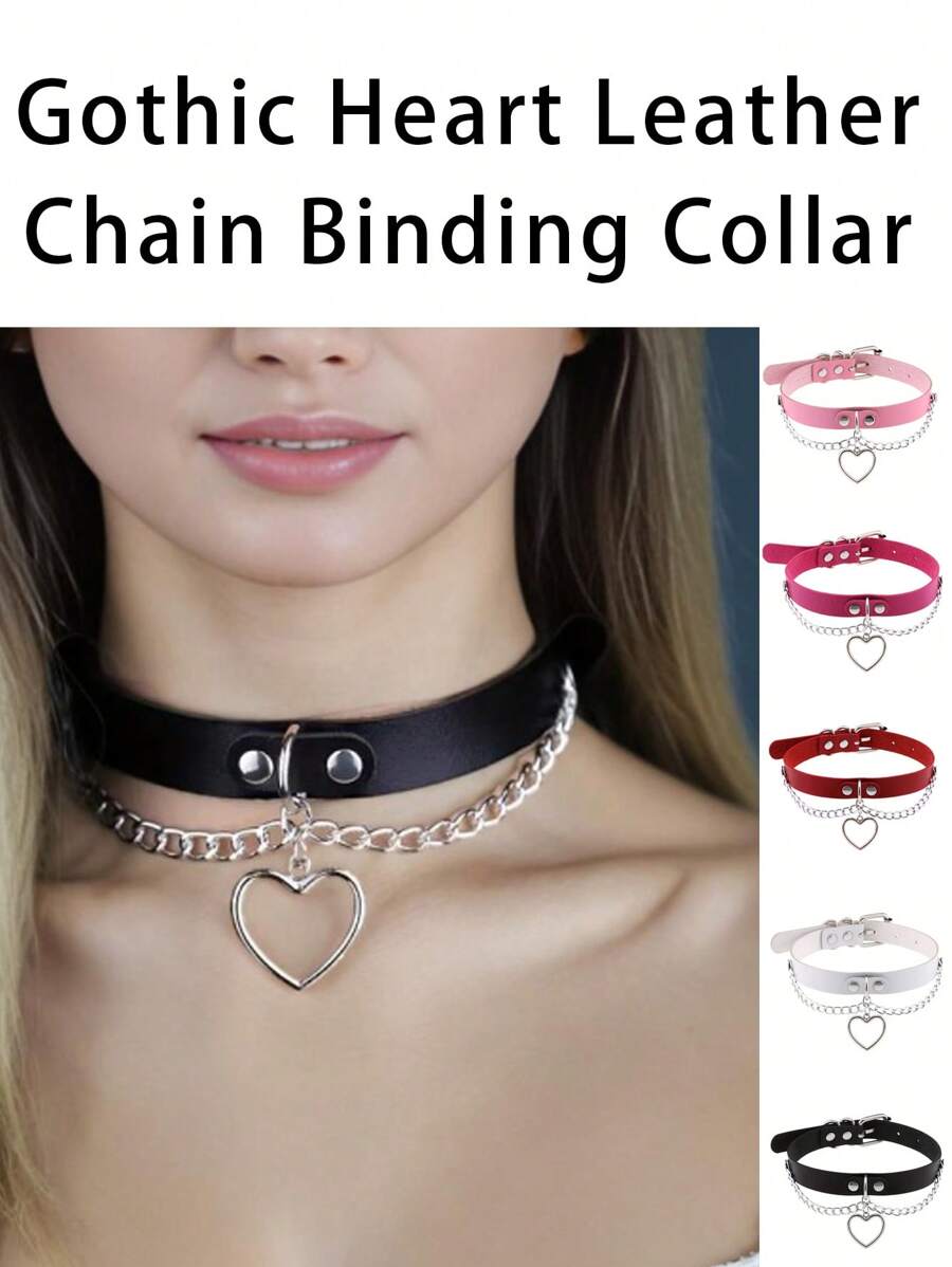 1 Pc Punk Style Pu Leather Choker Necklace With Metal Heart Studs And Chain For Women Hip Hop Street Cos Accessories - Multicolor - View 1