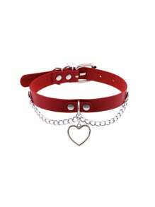 1 Pc Punk Style Pu Leather Choker Necklace With Metal Heart Studs And Chain For Women Hip Hop Street Cos Accessories - Multicolor - View 3