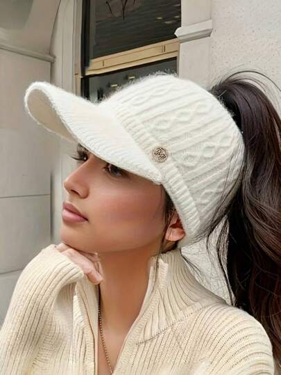 Berretto a maglia con fodera per donna, in materiale acrilico non elastico, design a testa piatta, cappello basco traspirante per donna - pieghevole per tutte le stagioni, lavorazione a righe, inelastico, a tema vacanze