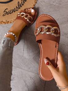 Koreański styl casualowe płaskie sandały dla kobiet, odkryte klapki, wiosenne i letnie nowe modne rzymskie sandały, odpowiednie na sukienki, plażę, letnie wyjścia - Brązowy - Zobacz 2