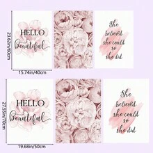 3 件套无框北欧风格粉红牡丹花卉帆布墙画套装，适合女孩房间家居装饰 - 彩色 - 查看 6