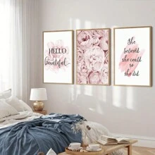 3 件套无框北欧风格粉红牡丹花卉帆布墙画套装，适合女孩房间家居装饰 - 彩色 - 查看 3