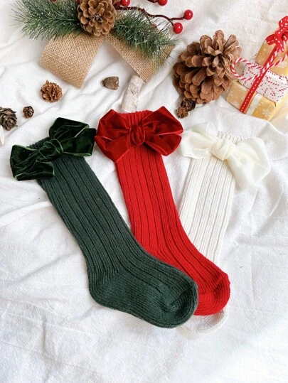 3 pary skarpetek dla małych dziewczynek z aksamitną kokardą i futerkiem, odpowiednie dla dziewczynek na Boże Narodzenie i Nowy Rok