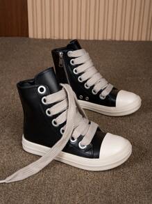 Opplen Lace-Up Front High Top Skate Shoes Pu Leather Sport Shoes With Side Zipper And Comfortable Soft Sole - 黑2 - 查看 2