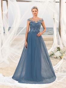 Faeriesty Mosy 花卉亮片对比雪纺新娘母亲礼服 - 霧霾藍 - 查看 2