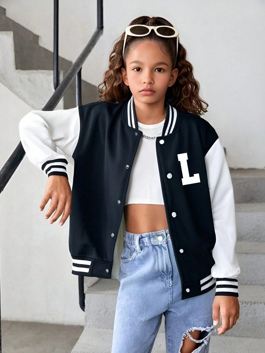 1pc Tween Girl Casual Workout Retro Solid Color Fleece Cardigan Baseball Jacket, Suitable For Spring/Autumn/Winter