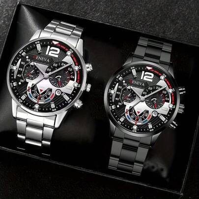 2 件套时尚仿三眼混合条形刻度表盘高品质钢带石英表，适合青少年，适合生日、万圣节、单身节