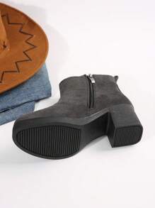 粗跟女式踝靴，时尚百搭优雅纯色切尔西靴，圆头舒适休闲高跟短毛绒保暖短靴 - 紫紅色 - 查看 8