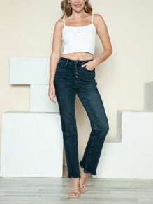 Women's Casual Jeans Chic Button Fly Hem Destroy Straight Denim Pants- Dark Wash Straight-Leg Fit Raw Hem Detail Full Length Perfect For All Seasons Day-To-Night Wear And Special Occasions