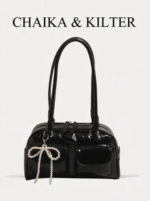 1 pieza Bolso de hombro de PU brillante para mujeres de CHAIKA & KILTER, bolso de bolos de gran capacidad y de moda con múltiples bolsillos y cierre con cremallera, adecuado para uso diario y al aire libre (incluye colgante)