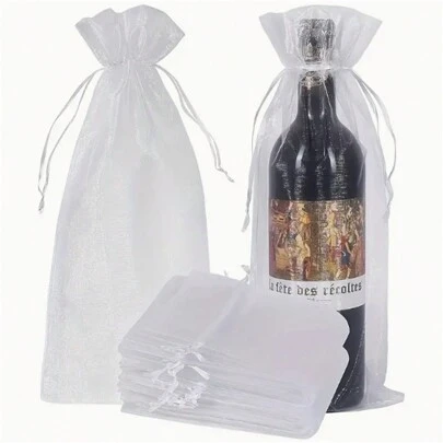 10pcs/20pcs Per Set 2026 New Wedding New Year Party Red Wine Bags, White Organza Wine Bags, Transparent Mesh Wine Gift Bags, Drawstring Wine Travel Protective Bags, Leak-Proof Bottle Travel Set (Suitable For Various Festival Occasions, Weddings, Valentine's Day, Various Holiday Events), One Size