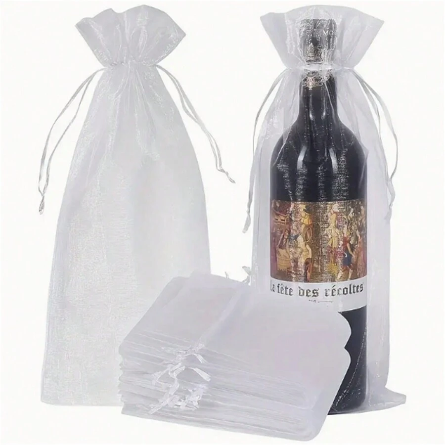 10/20 pièces/set Sacs à vin en organza blancs, sacs cadeaux pour vin en maille transparente, sacs de voyage pour bouteille de vin avec cordon de serrage, housses de transport étanches pour bouteilles (convient pour divers événements, mariages, Saint-Valentin, festivals, etc.), Taille unique 10 pièces/set