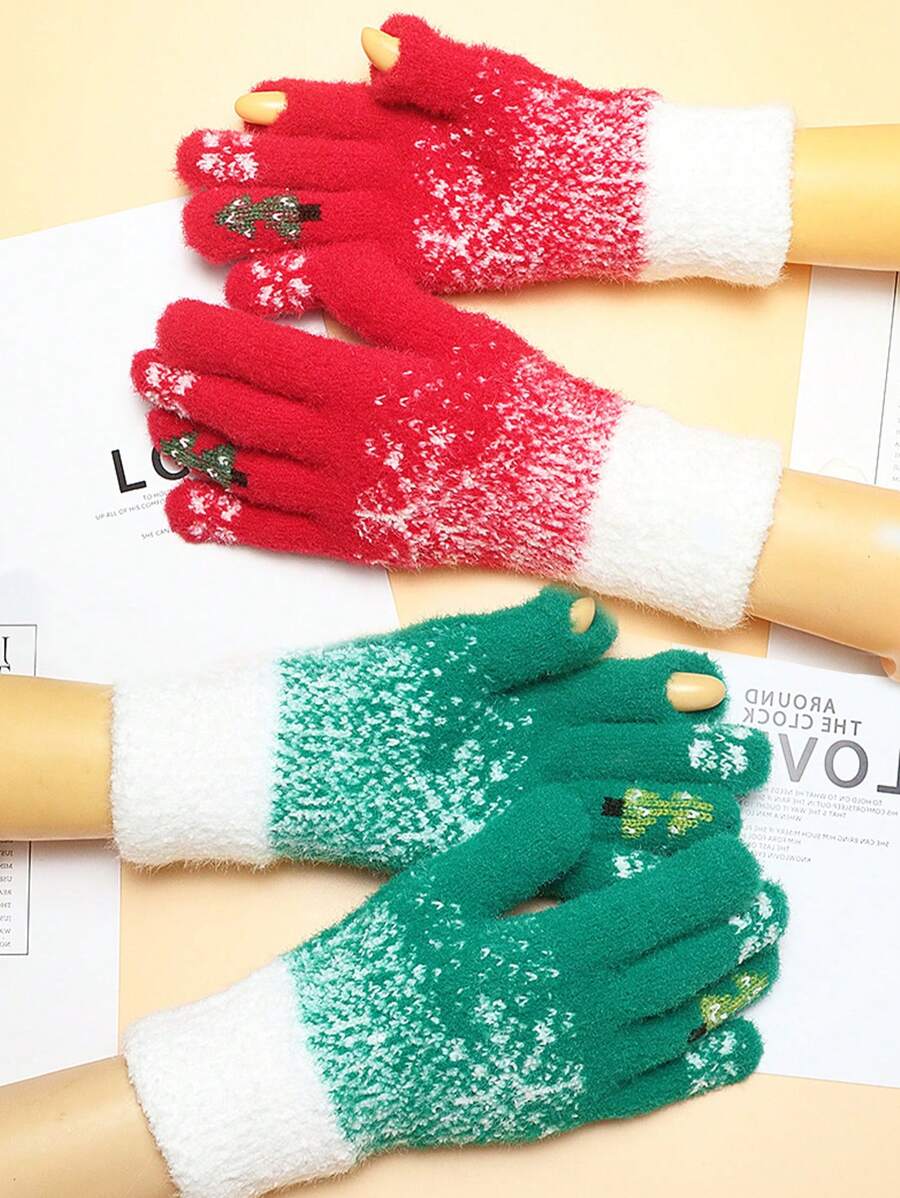 1 Găng tay cảm ứng mùa đông - Găng tay đan polyester toàn ngón Giáng sinh có họa tiết cây thông Noel và bông tuyết - Co giãn thông thường, ấm áp phù hợp cho lứa tuổi từ 12-16 - 8-12Y - Xem 1