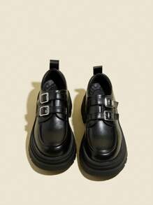 Women's Black Thick Heel High Heels With Platform, Patent Leather Office Loafers Shoes With Buckle