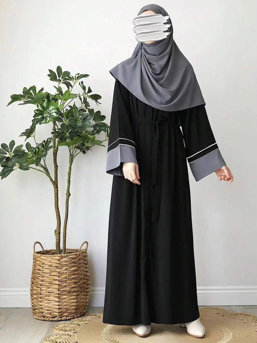 时尚伊斯兰女装黑色拼接长袖宽松优雅 Aura Abaya 长款朴素连衣裙阿拉伯连衣裙