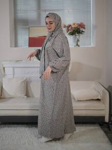 New Comfortable Breathable Fashion Print Loose Fit Praying Robe Modest Long Sleeve Abaya Arabian Dress With Scarf Integrated - Grey - View 7