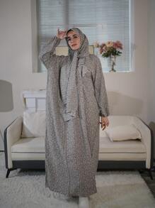 New Comfortable Breathable Fashion Print Loose Fit Praying Robe Modest Long Sleeve Abaya Arabian Dress With Scarf Integrated - Grey - View 2