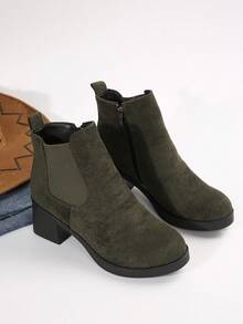 女士粗跟短靴，时尚百搭优雅纯色切尔西靴，圆头舒适休闲高跟鞋，保暖内衬短踝靴 - 軍綠色 - 查看 2