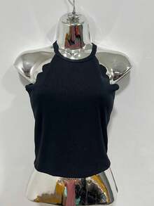 Knitted Solid Color Shell Edge Halter Top - màu đen - Xem 1