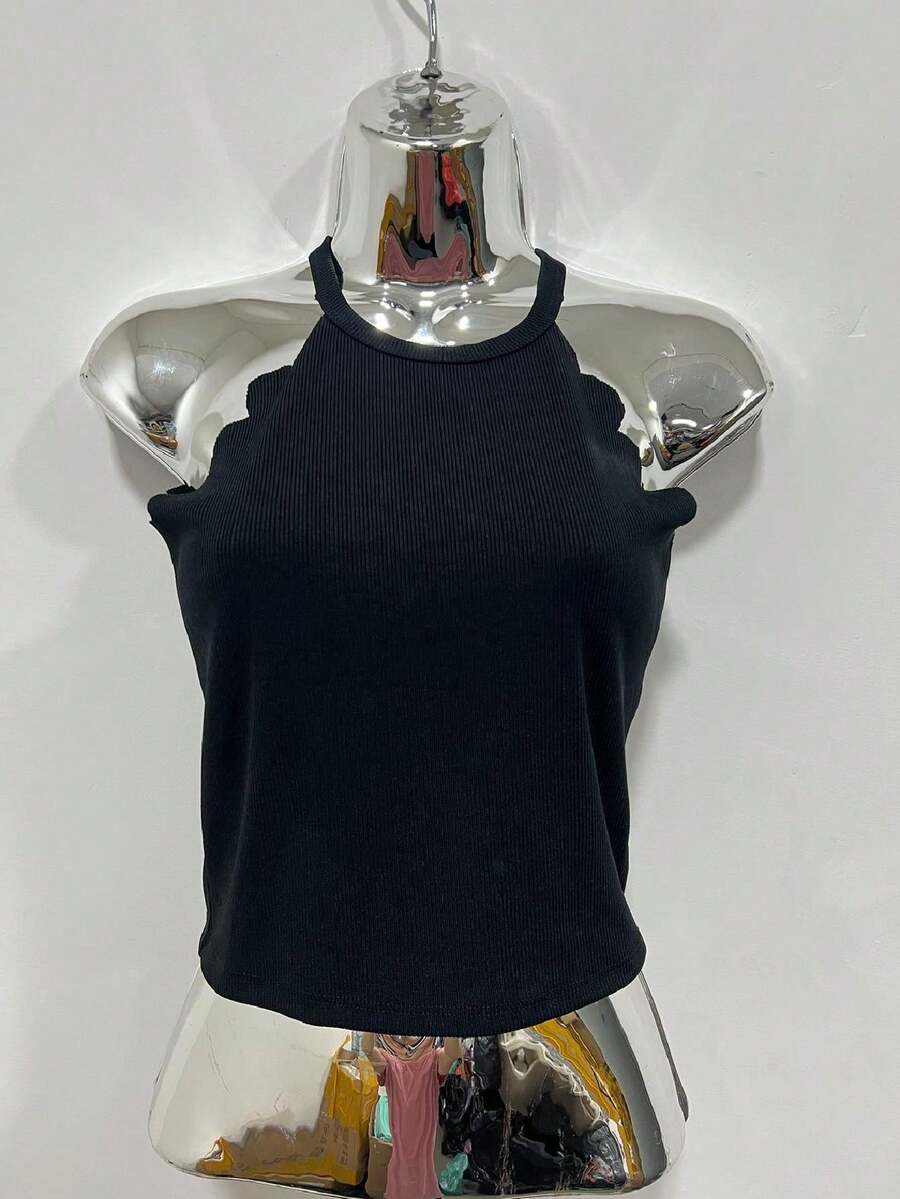 Knitted Solid Color Shell Edge Halter Top - màu đen - Xem 1