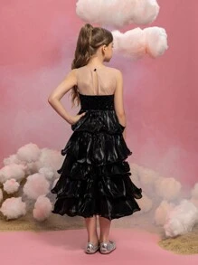 Tween Girls Sequin Splice Stitching Layered Ruffle Hem Party Dress - Black - View 3