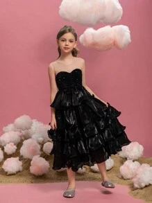 Tween Girls Sequin Splice Stitching Layered Ruffle Hem Party Dress - Black - View 2