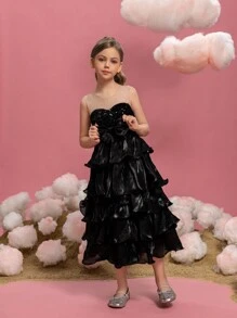 Tween Girls Sequin Splice Stitching Layered Ruffle Hem Party Dress - Black - View 5