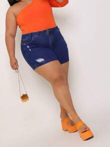 Plus Size Women's Denim Shorts, Dark, Ripped, Hem. - 深色水洗藍 - 查看 2