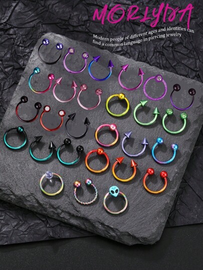 3Pcs Y2k Style Colorful Nose Ring Horseshoe Nose Hoops Earring 16g Stainless Steel Septum Jewelry Nose Ring Lip Ring Hinged Septum Hoops Piercing Jewelry, Septum Clicker Ring, Hoop Nose Ring For Septum, Helix, Rook, Tragus, Daith, Cartilage Earring For Women Men Halloween Piercing Body Jewelry For Party Dates  Daily Wear