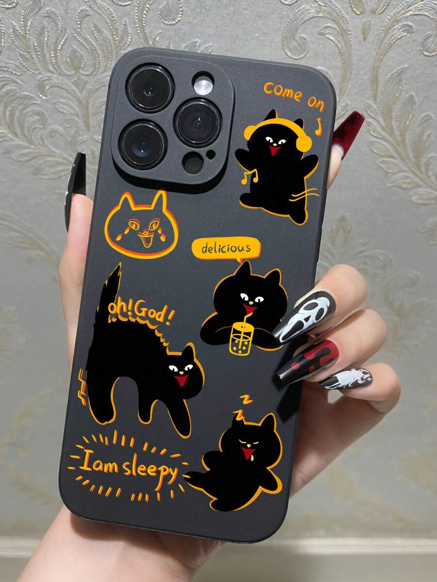 新颖波浪手机壳 1 件黑猫图案防震防滑手机壳保护套，休闲日常配饰 - 黑色 - 查看 1
