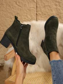 女士粗跟短靴，时尚百搭优雅纯色切尔西靴，圆头舒适休闲高跟鞋，保暖内衬短踝靴 - 軍綠色 - 查看 1