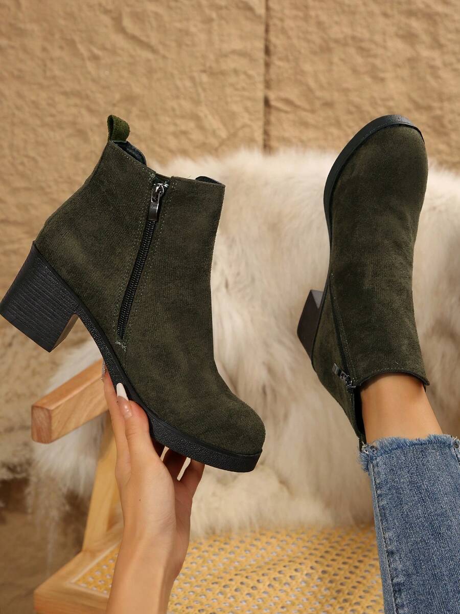 女士粗跟短靴，时尚百搭优雅纯色切尔西靴，圆头舒适休闲高跟鞋，保暖内衬短踝靴 - 軍綠色 - 查看 1