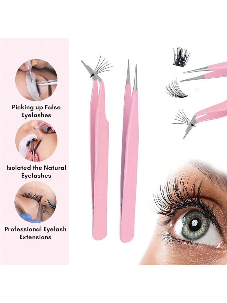 2 件不锈钢镊子用于睫毛延长精密电子指甲贴纸水钻首饰防静电非磁性，睫毛延长和美甲贴纸工艺水钻贴纸宝石拾取器，假睫毛应用工具 - 粉色 - 查看 1