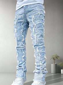 Tween Boy's Patchwork Raw Hem Casual Denim Jeans - Light Wash - View 3