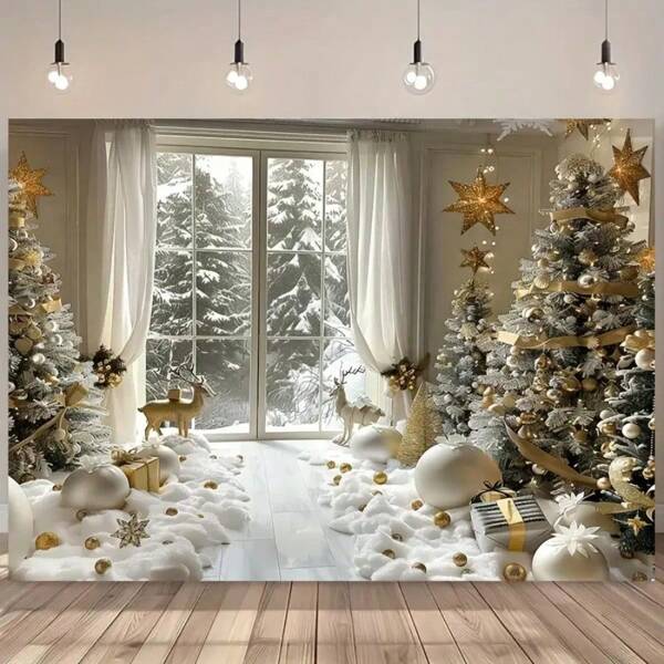 Tela de fondo de Feliz Navidad - Escena de invierno cómoda, árbol de Navidad dorado, renos en la nieve y vista de la ventana | Fibra de poliéster, apto para sala de estar, decoración exterior, transmisión en vivo y cabina fotográfica