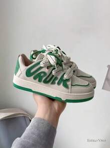 MRJNGNMRN Tenis blancos,zapatos canada,zapatos negros,suela de zapato,fitness,encaje negro,tenis plim plim,tenis para mujer,zapatos plataforma mujer,zapatos dama,zapatos casuales dama.Mujer Zapatillas deportivas de color combinado con cordón delantero. - Verde - Ver 4