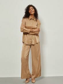 女士时尚休闲缎面衬衫和阔腿裤套装