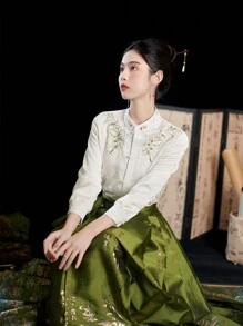 中国风秋季中国新年提花花卉刺绣珍珠纽扣白色汉服上衣 - 白色 - 查看 9