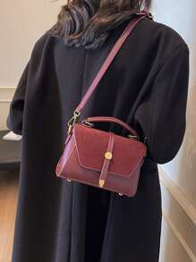 2026 New Suede Matte Finish With PU Small Square Bag, Burgundy Vintage Shaped Mini Shoulder Bag, Elegant Versatile Commuter Crossbody Phone Bag, Suitable For Daily Use, Dating, Gift, Gold Buckle Design Handbag - Burgundy - View 4