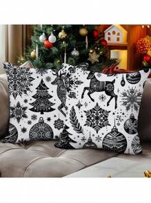 4pcs New Christmas Series Polyester Plush Cushion Cover Set - Black and White - View 5