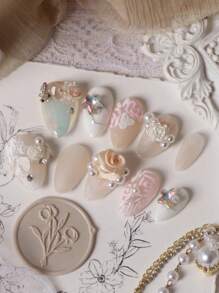 10 件按压式指甲重工业极光花裸色糖粉色花朵纯手工制作指甲长指甲按压式指甲套装包括 1 张粘合片和 1 个迷你锉刀指甲用品指甲 - 彩色 - 查看 9