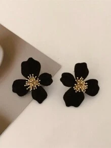 1 Pair Black Floral Design Earrings, Fashion Stud Earrings For Women, Casual & Versatile, Suitable For Valentine's Day, Mother's Day, Can Be Used As A Gift - Black - View 2