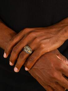 1pc Luxury Men's Cubic Zirconia Paved Ring With Stainless Link Chain Design, Street Style - Yellow Gold - View 20