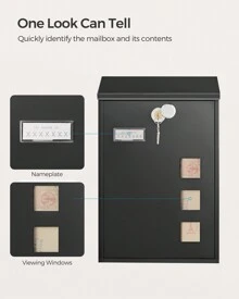 SONGMICS Modern Wall Mounted Post Box With Viewing Windows, Nameplate, Lock With Copper Core, Easy To Install, Black - Black - View 4