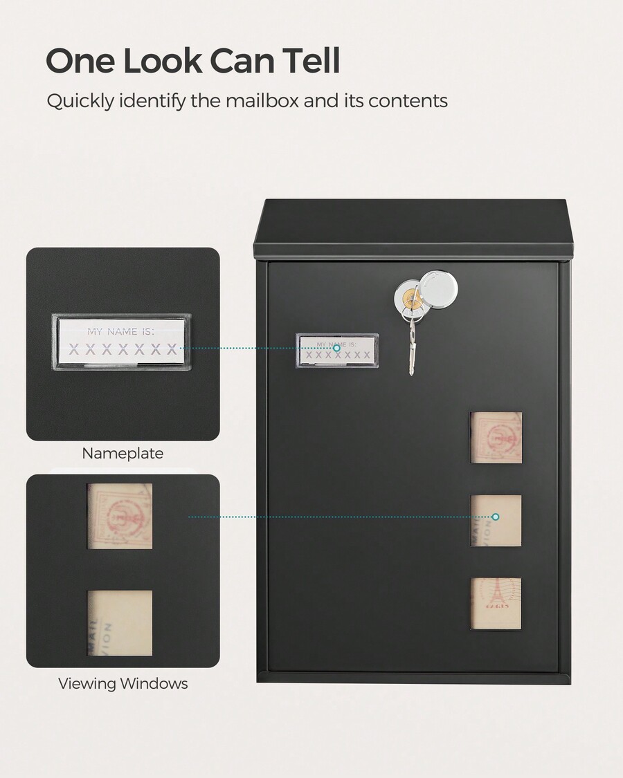 SONGMICS Modern Wall Mounted Post Box With Viewing Windows, Nameplate