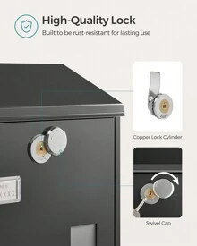 SONGMICS Modern Wall Mounted Post Box With Viewing Windows, Nameplate, Lock With Copper Core, Easy To Install, Black - Black - View 2