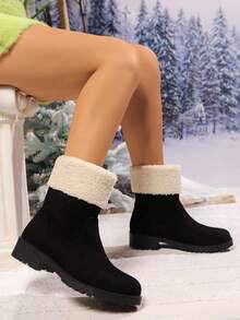 Giày bốt mũi tròn đế dày cho nữ, bốt cổ ngắn phong cách Anh thời trang có cổ lông, giày đen ấm áp và thoải mái cho mùa thu đông - màu đen - Xem 2